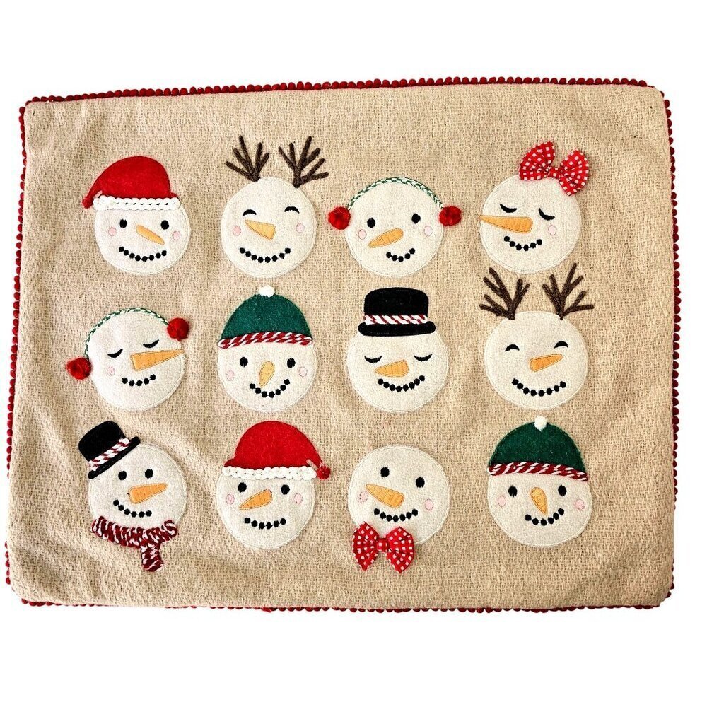 Sincerely Santa Wool Snowman Applique Pillow Cover Rectangle 20x16 Red on Beige